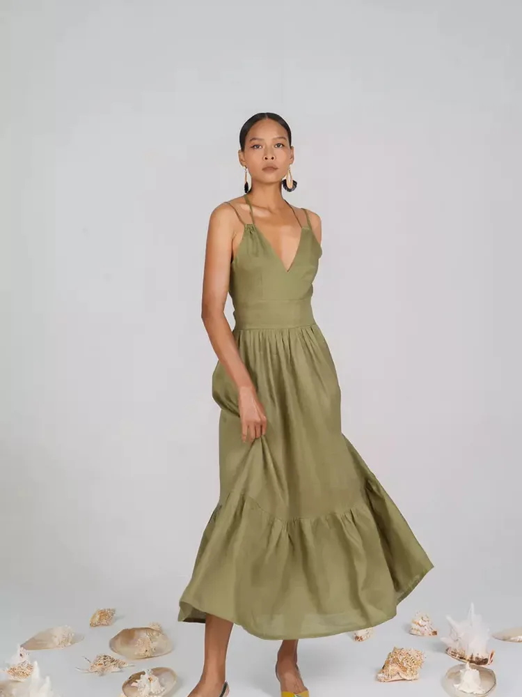 Apa yang membuat wanita itu mendalam v-neck panjang gaun linen kasual khusus?
