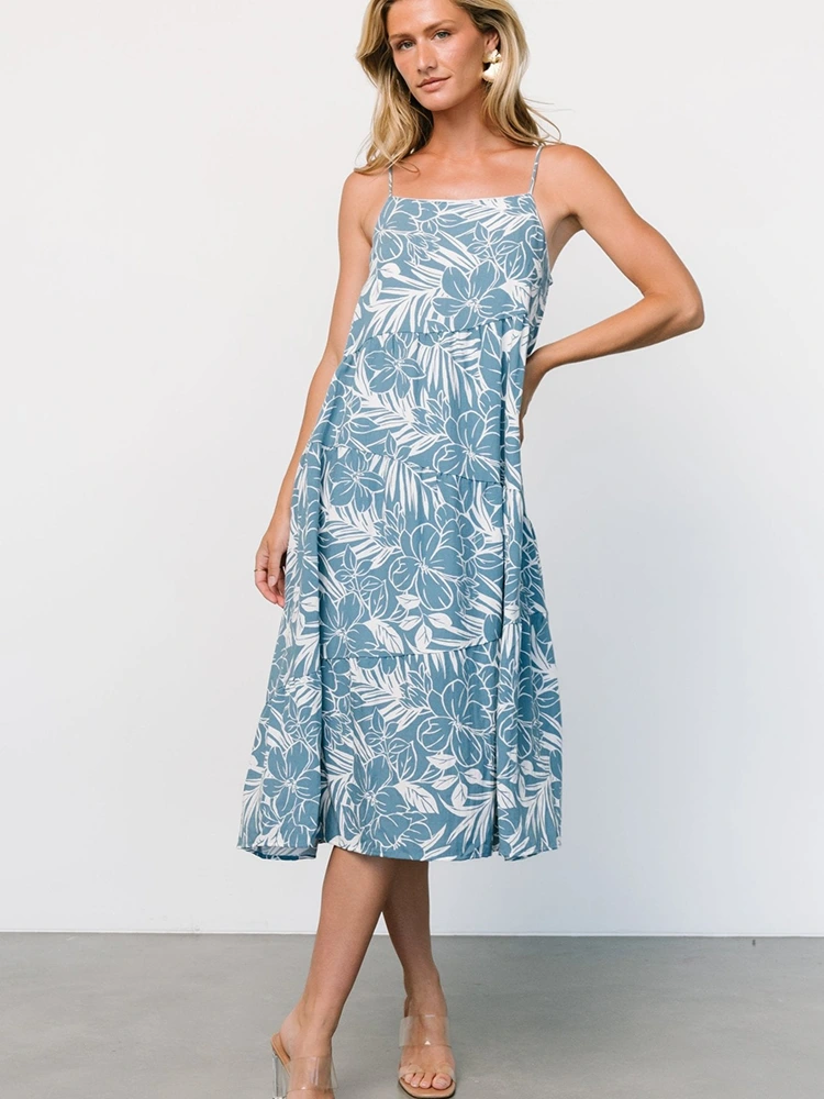Gaun Slip Tanpa Lengan Midi Bermotif Bunga
