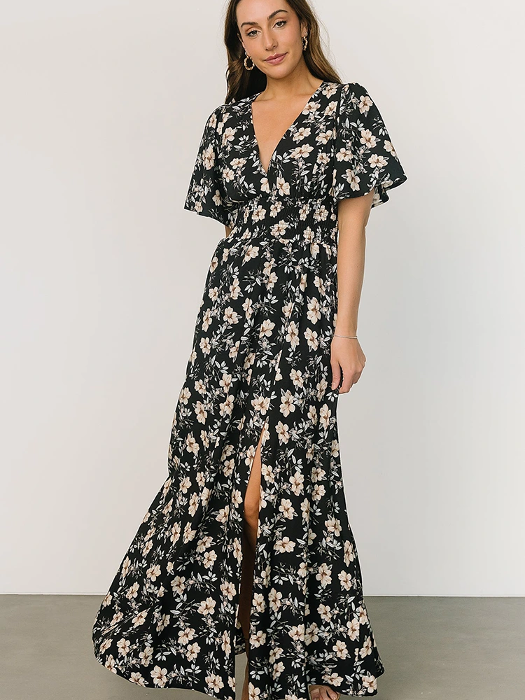 Gaun Maxi V-Neck Sifon Bermotif Bunga