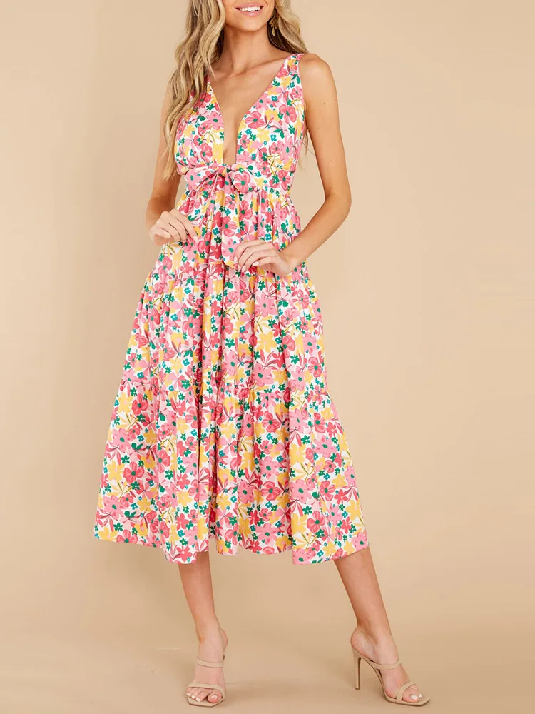 Gaun Kasual Boho Bermotif Bunga Musim Panas