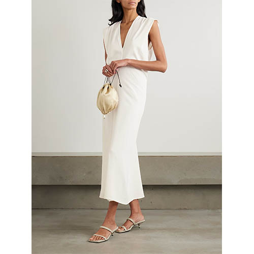 Gaun Midi V Dalam Tanpa Lengan Gading yang Disesuaikan