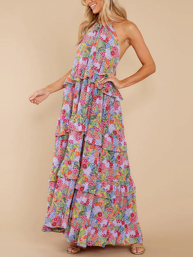 Wanita gaun maxi kapas cetak bunga elegan